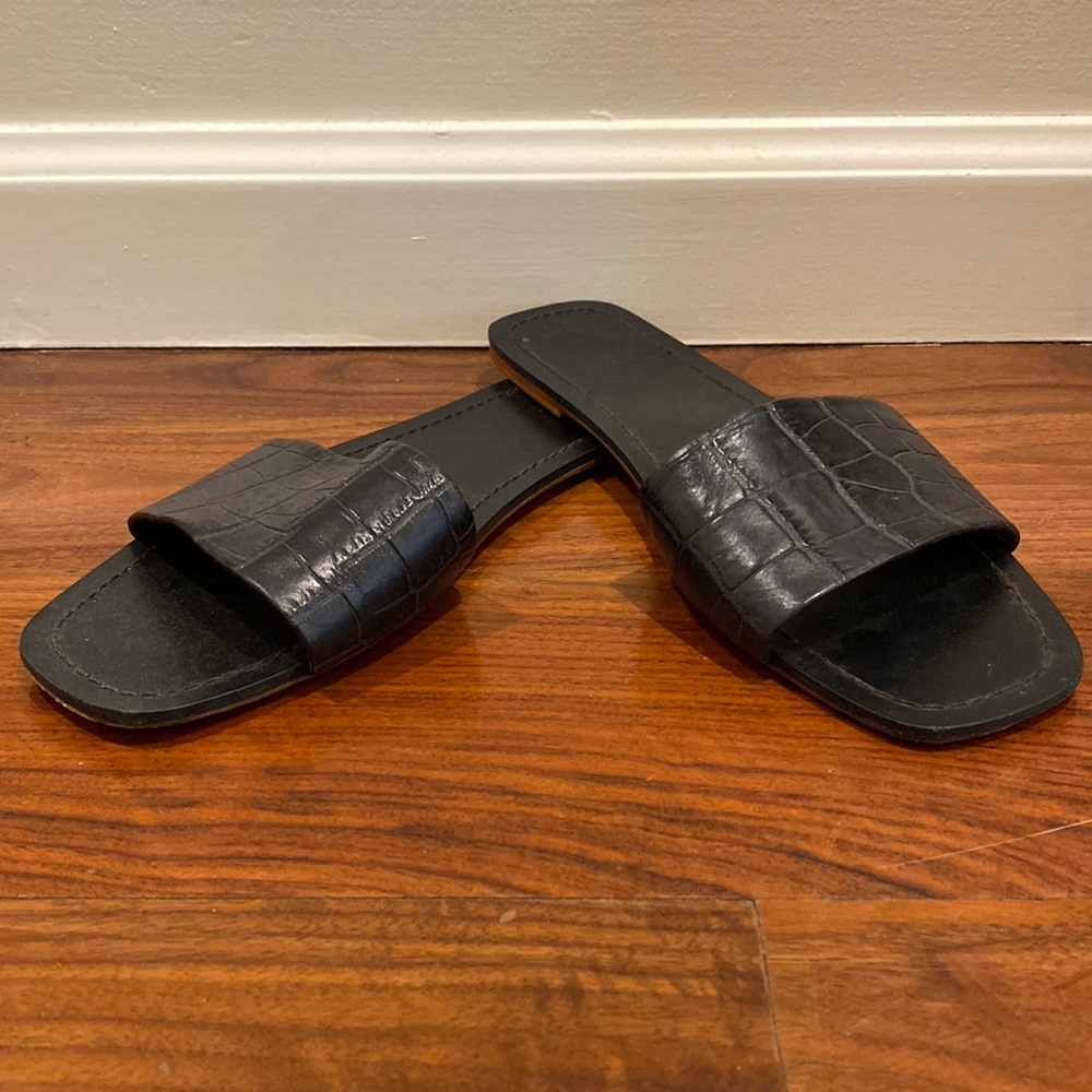 RAYE Black Croc Embossed Leather Sandals